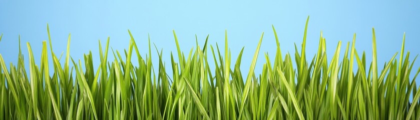 Obraz premium A vibrant patch of green grass against a clear blue sky, showcasing the beauty of nature and the freshness of outdoor spaces.