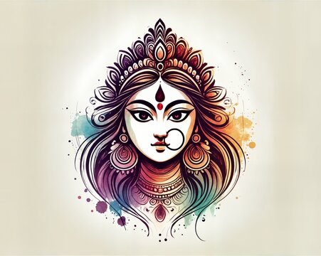 Chaitra navratri watercolor banner with goddess durga portrait.