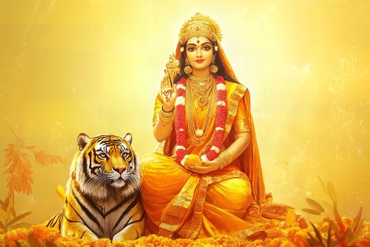 Goddess durga with tiger for chaitra navratri celebration.