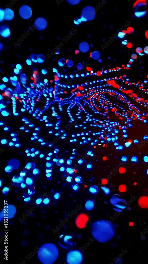 Poster dynamic movement of glowing red and blue particles in abstract patterns