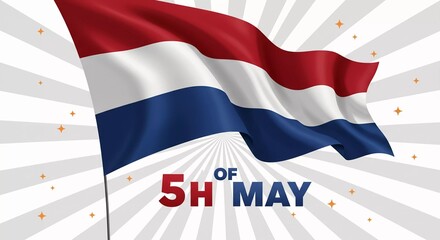 Trendy Happy 5th of May Netherlands independence day celebration design with stars on modern red & blue grunge brush background with the star.