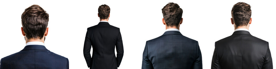 Fototapeta premium Collection of professional headshot portraits featuring a confident corporate businessman posing in a tailored black suit and tie from multiple angles