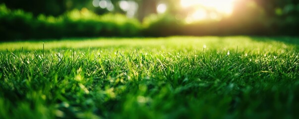 Naklejka premium Sunlit green grass lawn in a lush garden setting during golden hour