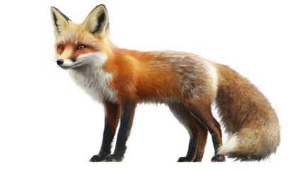 Majestic Red Fox: This illustration captures the sleek and alert stance of a red fox, a symbol of cunning and agility, showcasing its vibrant reddish-orange fur against a clear background.