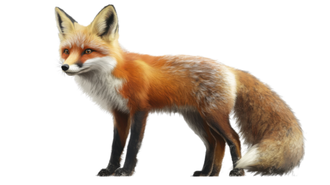 Majestic Red Fox: This illustration captures the sleek and alert stance of a red fox, a symbol of cunning and agility, showcasing its vibrant reddish-orange fur against a clear background.