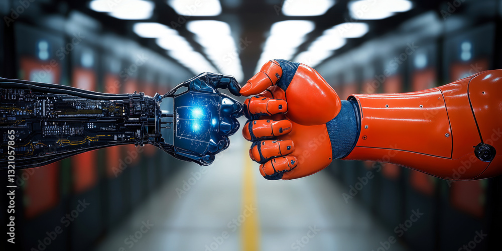 Poster robotic arms in a fist bump symbolizing technological collaboration and competition in a futuristic 
