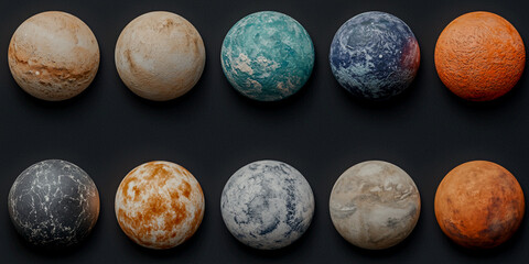 A collection of colorful spherical objects arranged in a grid, resembling planets or decorative items, set against a dark background.