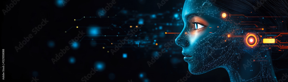 Poster futuristic ai concept with digital female profile and circuitry network displaying advanced artifici