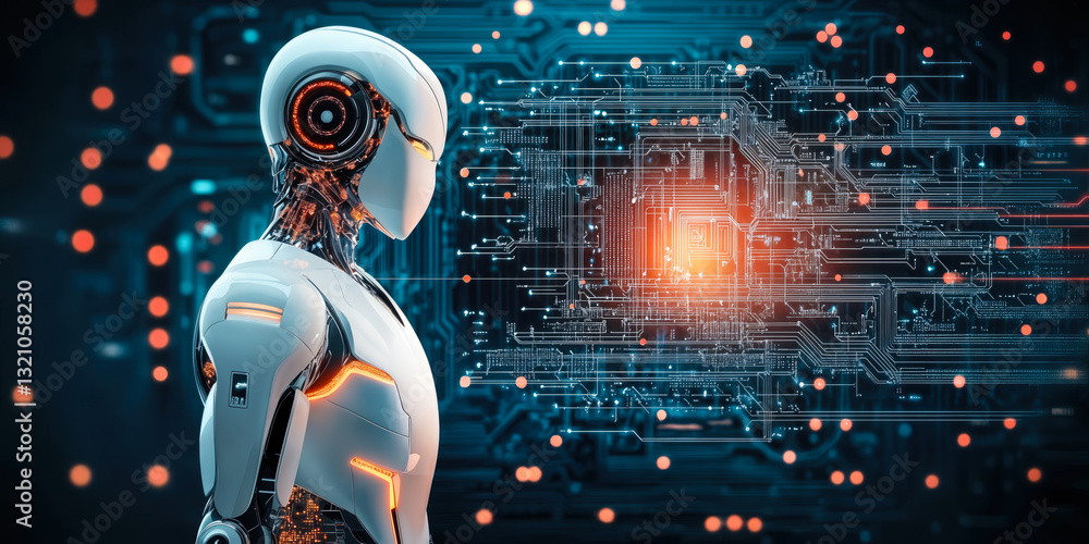 Poster futuristic humanoid robot interacting with illuminated circuit board in high-tech environment 3d ren