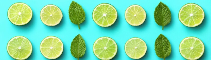 A vibrant arrangement of lime slices and mint leaves on a bright blue background, creating a refreshing and summery aesthetic.