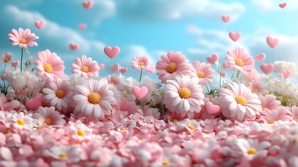 Pink flower field, hearts, idyllic scene