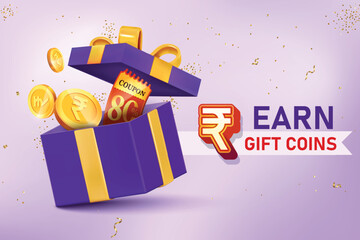 Gift Box Filled With Indian Rupees Gold Coins And 80% Off Discount Coupon. Vector Illustration Concept for Discount Sale, Shopping Save, Cashback Rewards