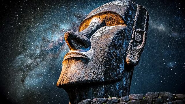Majestic Moai Statue Under a Starry Sky at Easter Island, Night View