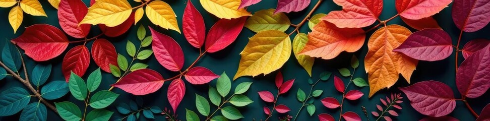 Obraz premium Colorful foliage with different types of leaves, blossom, foliage, color