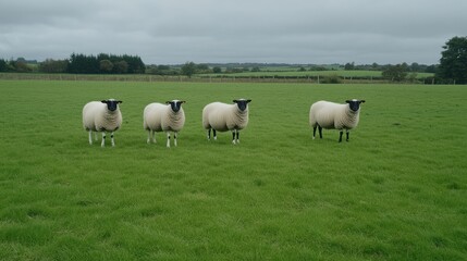 Obraz premium Four Black Faced Sheep in a Green Pasture under an Overcast Sky