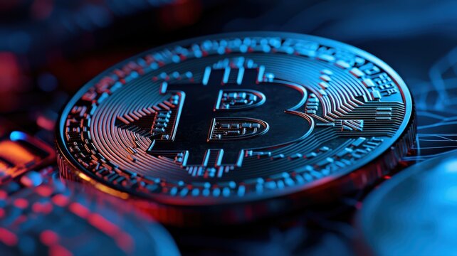 Metallic Bitcoin Cryptocurrency Close Up With Blue And Red Lighting