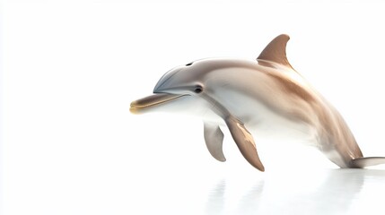 Fototapeta premium A dolphin leaps gracefully, showcasing its sleek body and playful nature against a stark white backdrop