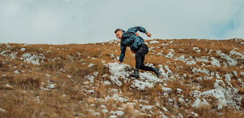 A male hiker hiking trail mountain, adventure sports outdoor.