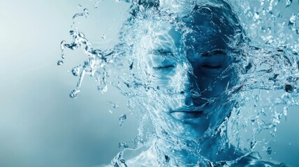Artistic blue water splash imagery of person's face with eyes closed. Concept of weight loss and health