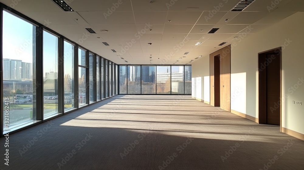 Poster sunlight floods a vast, empty office space with floor-to-ceiling windows, highlighting sleek lines a