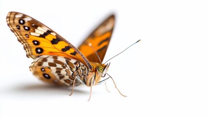 A vibrant butterfly with orange and brown wings, intricate patterns, and delicate antennae, posed against a stark white backdrop