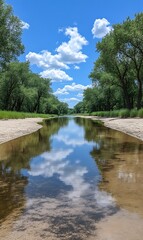 Obraz premium Calm River Reflecting Blue Sky and Clouds Surrounded by Green Trees
