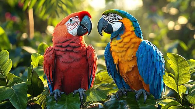 Two vibrant parrots perched among lush green foliage in a tropical setting