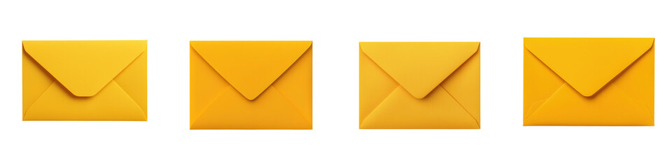 Arrangement of multiple bright yellow envelopes in a row representing communication correspondence business and postal services  The envelopes symbolize the exchange of messages documents