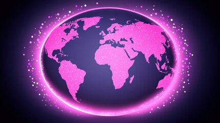 Glowing Pink World Map with Neon Circle Digital Illustration