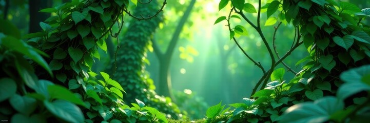 Obraz premium Entwined curved vines and stems in a dense jungle, nature, verdant, leaves