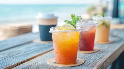 Summer Drinks and Vacation Business Marketing, Colorful summer drinks at beachfront cafe table