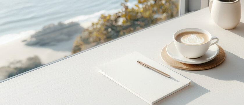 Summer Drinks and Vacation Business Marketing, serene beachfront view with coffee and notebook