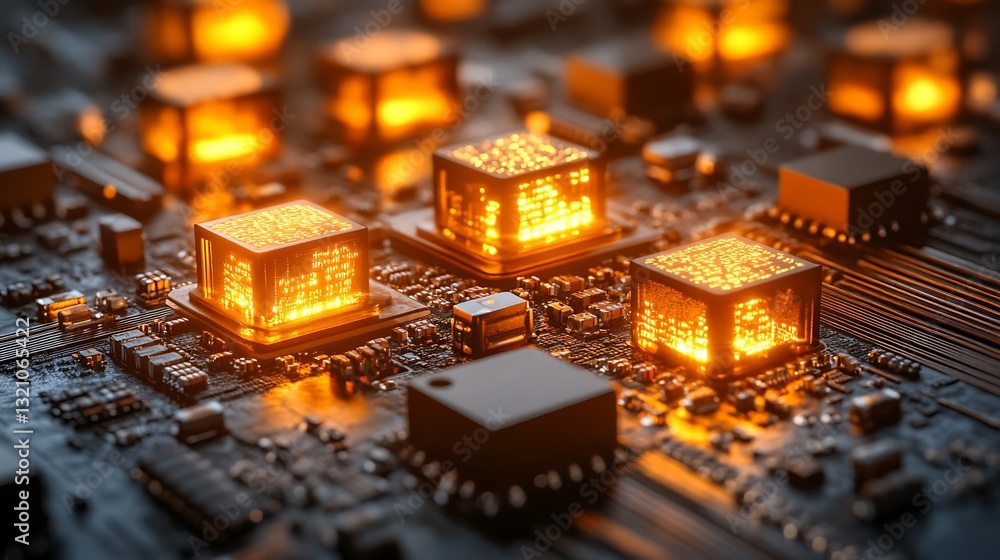 Poster advanced technology close-up: illuminated circuit board components