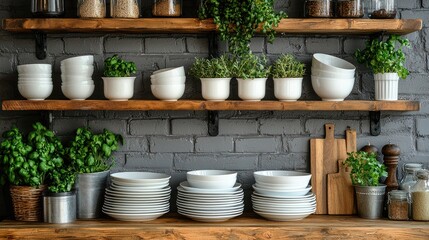 Fototapeta premium Rustic Kitchen Shelves with Dishes, Herbs, and Cooking Essentials