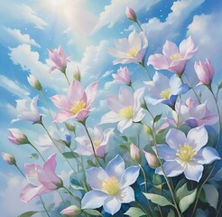 Fototapeta premium delicate pale pink and light blue flowers against a bright blue sky with white clouds