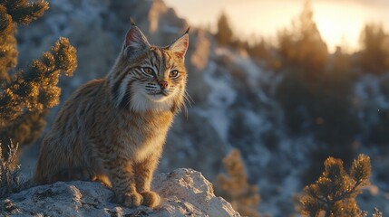 Bobcat on rocky outcrop at sunset