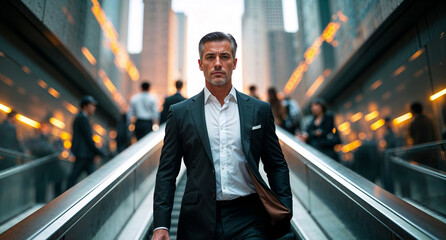 Bellissimo uomo d'affari di 40 anni con capelli e barba brizzolati cammina sulle scale mobili in una stazione di una grande città con vestito elegante