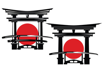 traditional japanese katana blade put on special stand for display against red sun circle and torii gate - samurai sword with scabbard vector design