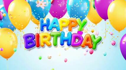 Sparkling happy birthday message with colorful balloons, confetti, streamers as birthday greeting.