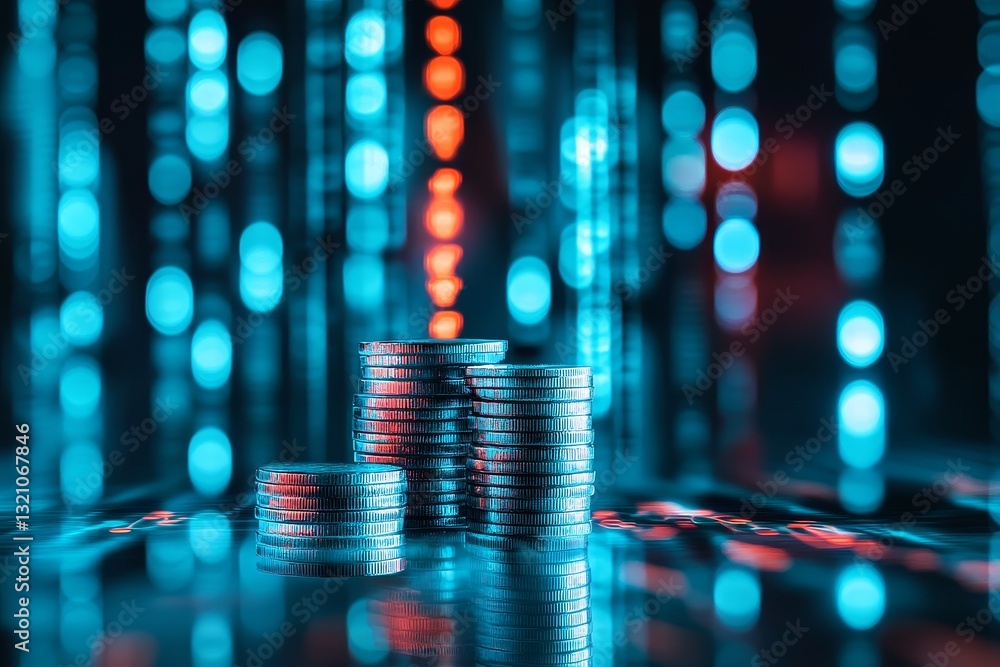 Poster digital currency stacks with neon light background in abstract scene