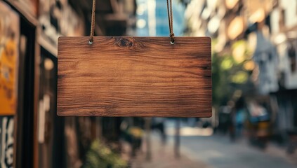 Empty wooden sign hanging in a city street