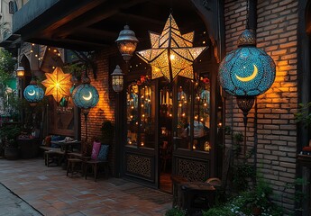 Cozy Entrance with Colorful Star and Moon Lanterns Glowing Against a Brick Fa&ccedil;ade
