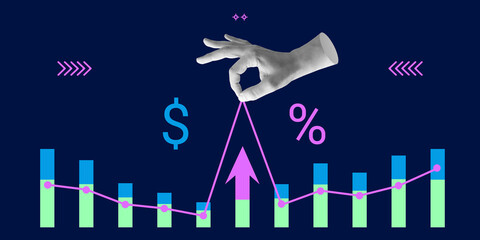 Hand raises business diagram with financial indicators. Upward trend illustrates revenue growth,...