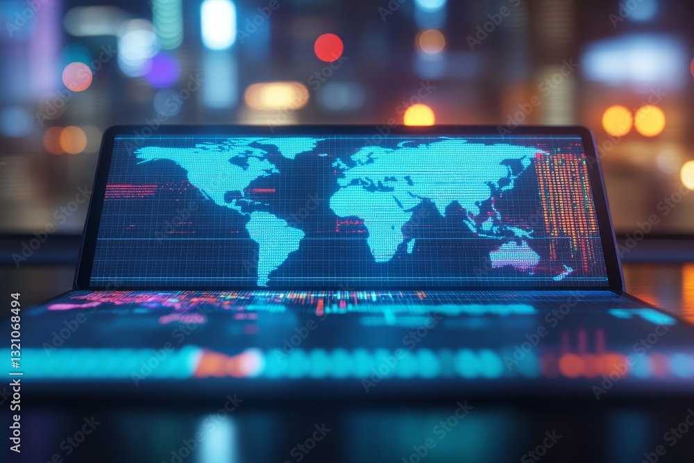 Poster digital world map on laptop screen with data visualizations