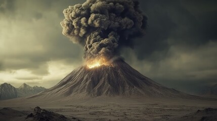 Erupting Volcano with Ash Cloud and Lava Flowing Down the Sides