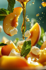 A macro shot of salad with peaches, crumbled feta and fresh mint leaves, made of local farm products
