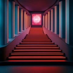 Fototapeta premium Sci-fi levitating staircase with holographic steps, high-tech digital environment