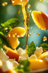 A macro shot of salad with peaches, crumbled feta and fresh mint leaves, made of local farm products
