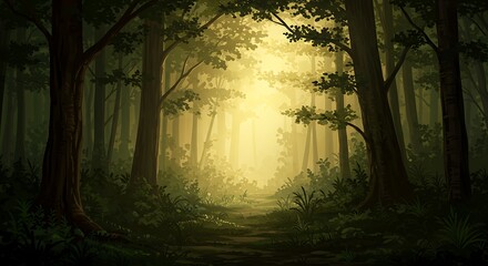 Obraz premium Sunlit Forest Path Through Dark Green Trees Nature Illustration