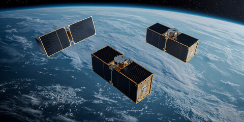 Three satellites orbiting Earth against a backdrop of blue and white clouds, showcasing technology in space exploration.